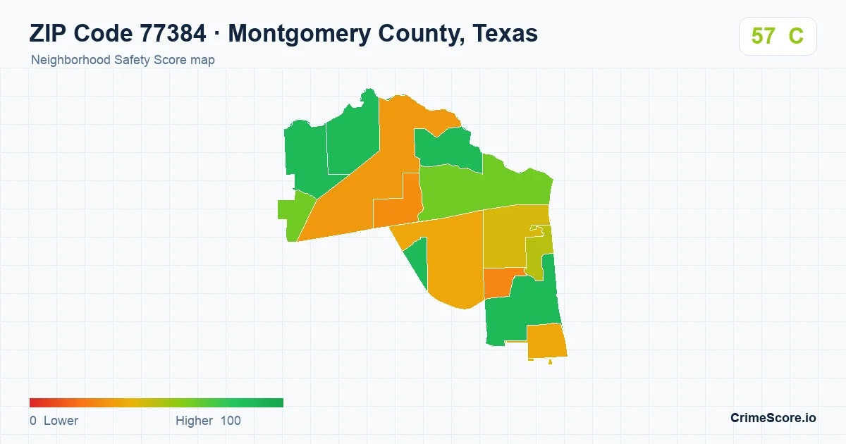 ZIP Code 77384 in Montgomery County, Texas neighborhood Safety Score map