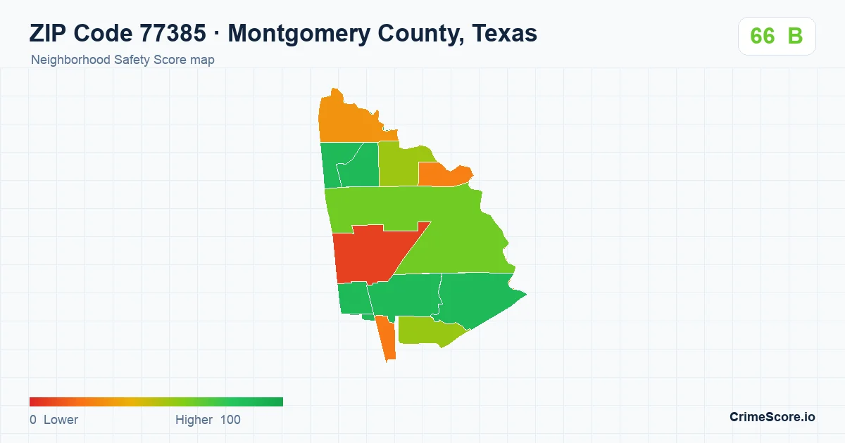 ZIP Code 77385 in Montgomery County, Texas neighborhood Safety Score map