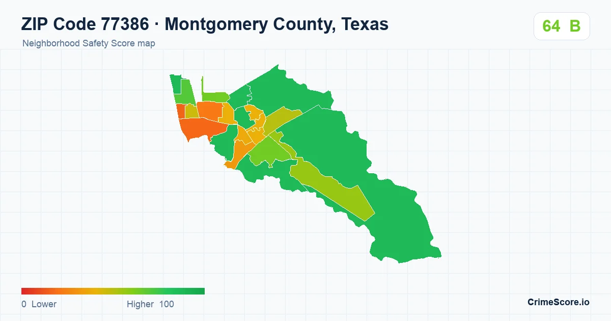 ZIP Code 77386 in Montgomery County, Texas neighborhood Safety Score map