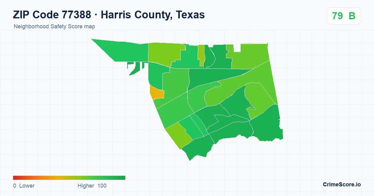 ZIP Code 77388 in Harris County, Texas neighborhood Safety Score map