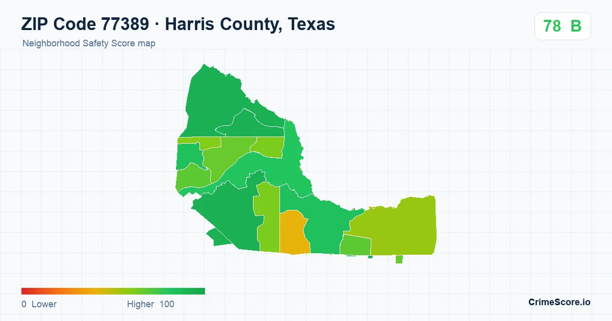 ZIP Code 77389 in Harris County, Texas neighborhood Safety Score map