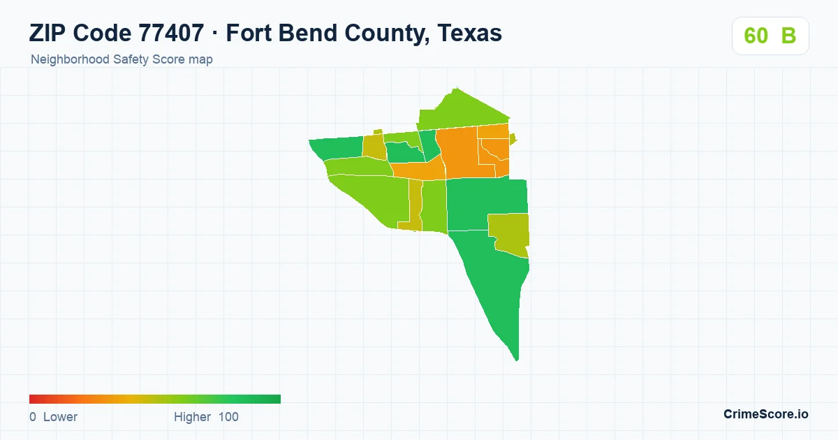 ZIP Code 77407 in Fort Bend County, Texas neighborhood Safety Score map