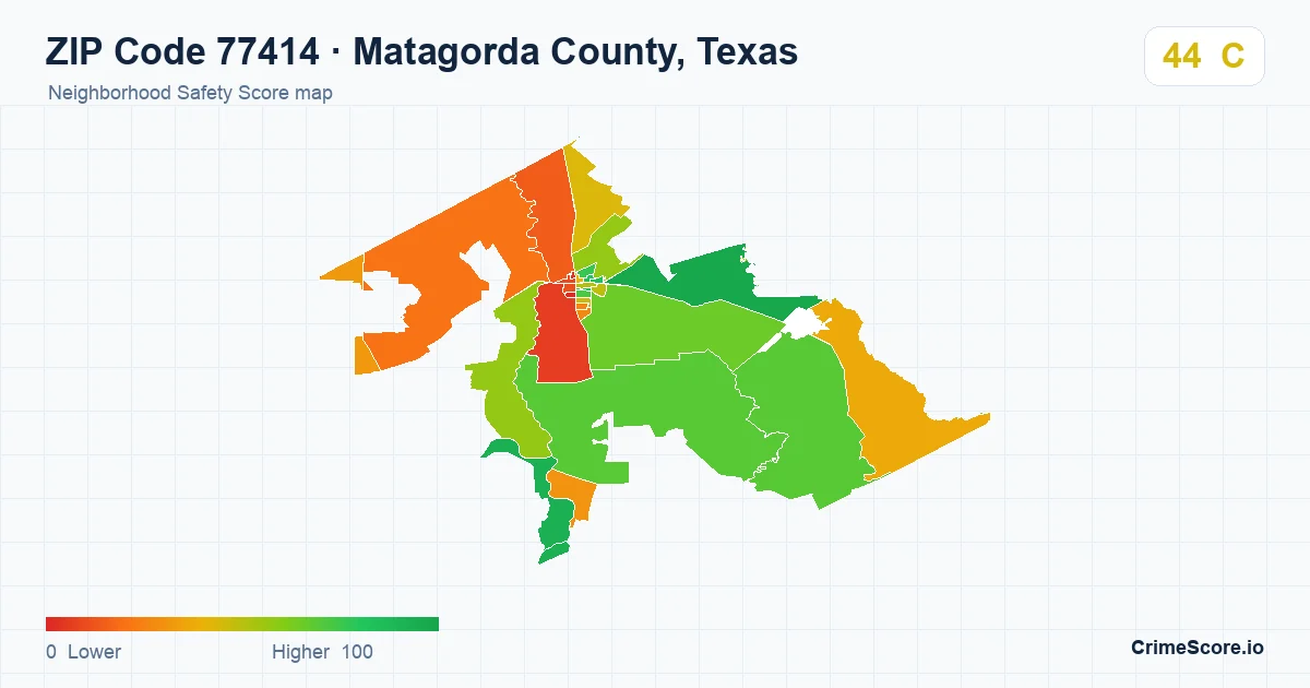 ZIP Code 77414 in Matagorda County, Texas neighborhood Safety Score map