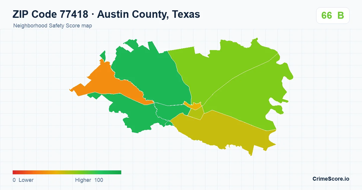 ZIP Code 77418 in Austin County, Texas neighborhood Safety Score map