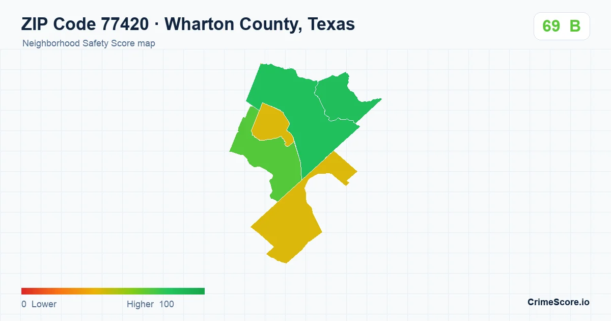 ZIP Code 77420 in Wharton County, Texas neighborhood Safety Score map