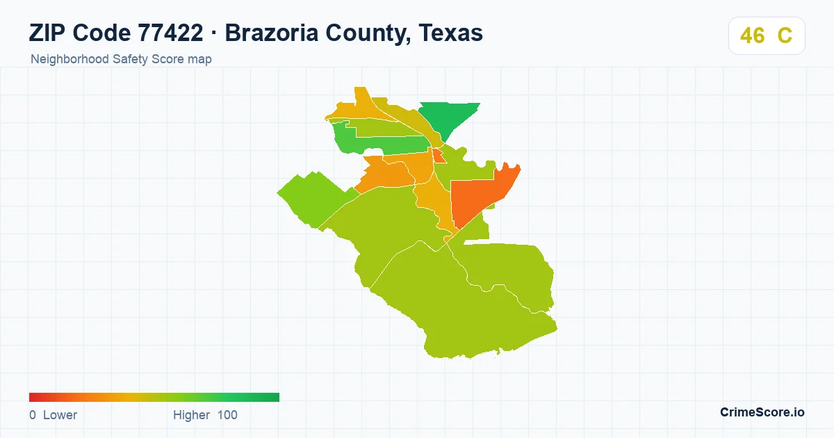 ZIP Code 77422 in Brazoria County, Texas neighborhood Safety Score map