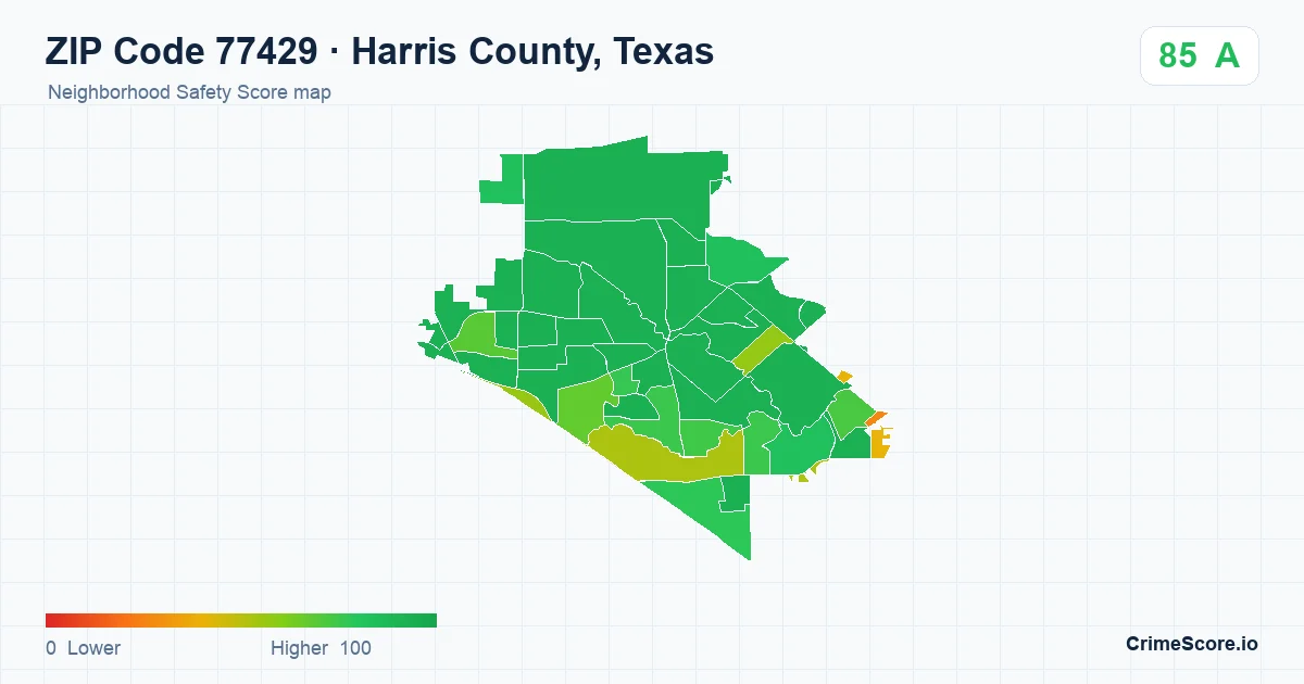 ZIP Code 77429 in Harris County, Texas neighborhood Safety Score map