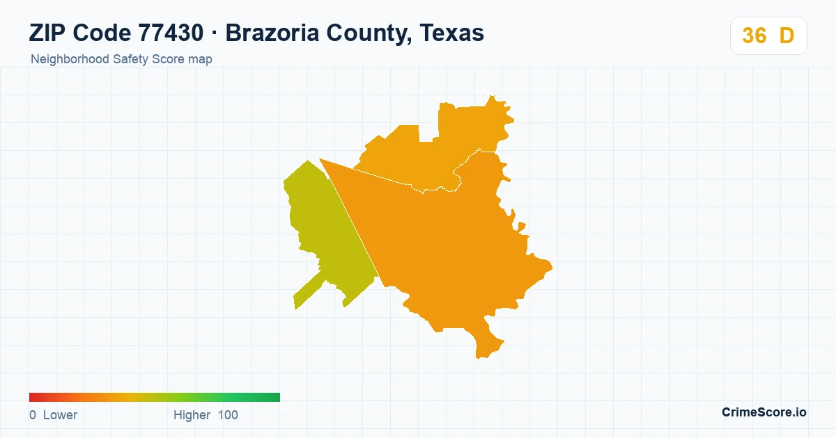 ZIP Code 77430 in Brazoria County, Texas neighborhood Safety Score map