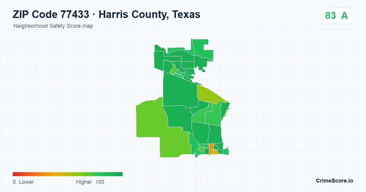 ZIP Code 77433 in Harris County, Texas neighborhood Safety Score map