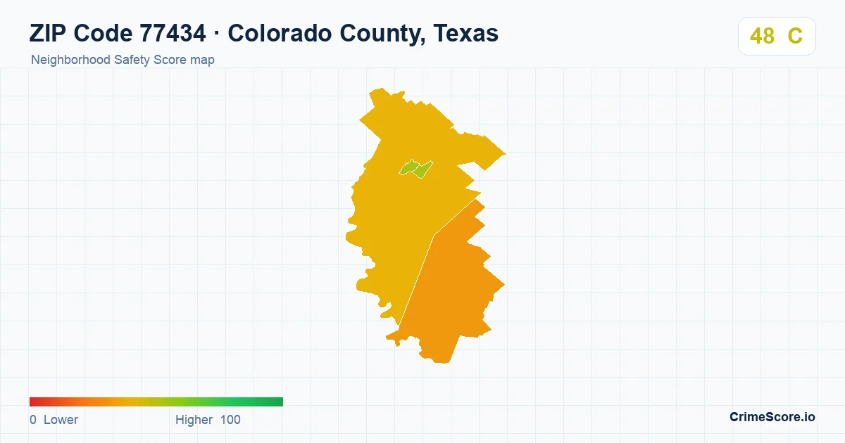 ZIP Code 77434 in Colorado County, Texas neighborhood Safety Score map