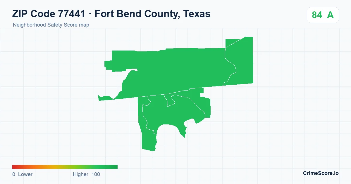 ZIP Code 77441 in Fort Bend County, Texas neighborhood Safety Score map