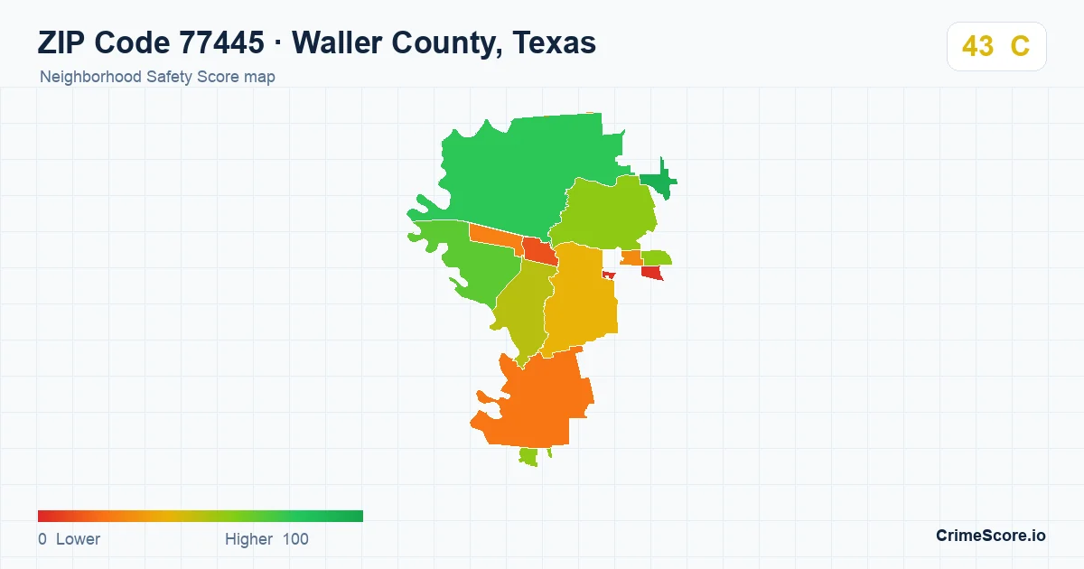 ZIP Code 77445 in Waller County, Texas neighborhood Safety Score map