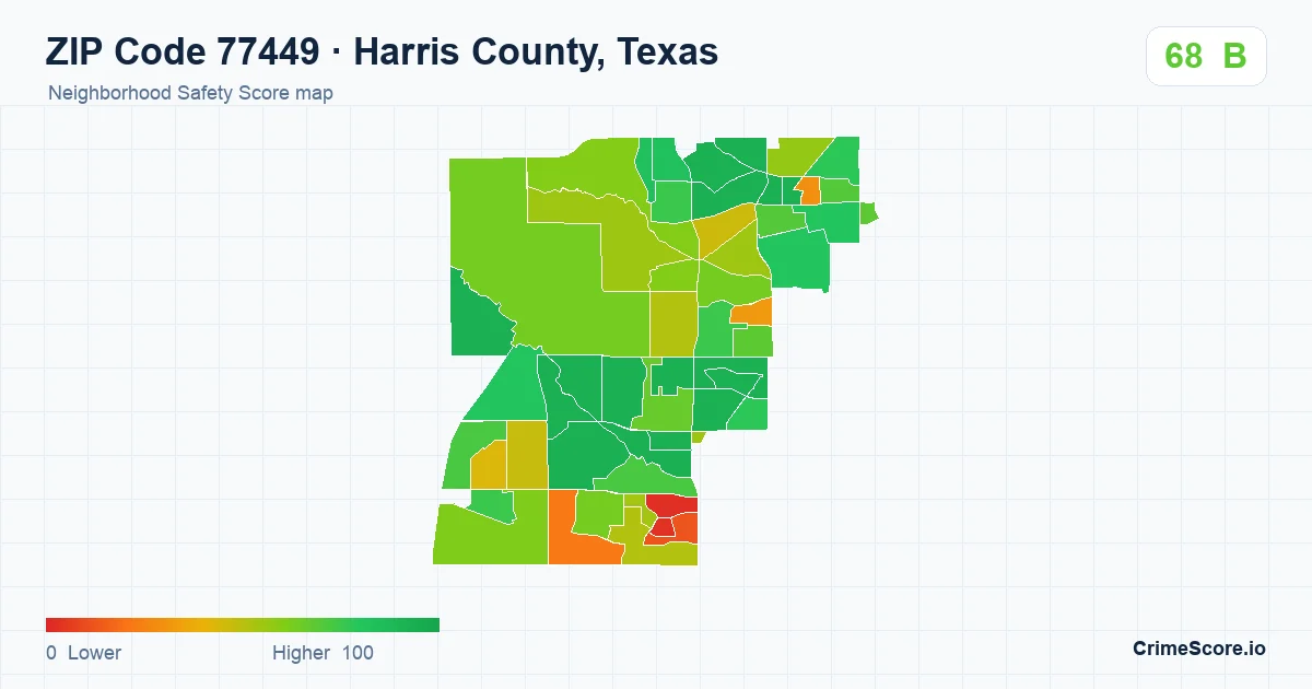 ZIP Code 77449 in Harris County, Texas neighborhood Safety Score map