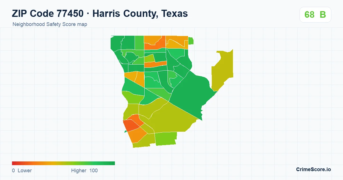 ZIP Code 77450 in Harris County, Texas neighborhood Safety Score map