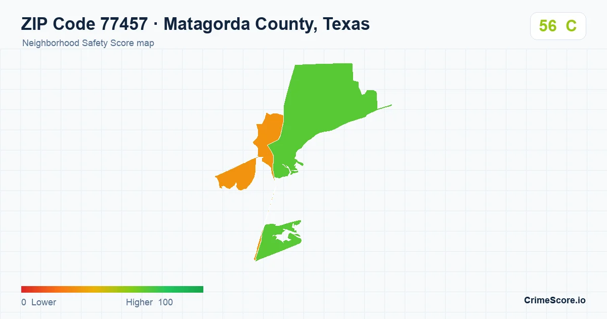 ZIP Code 77457 in Matagorda County, Texas neighborhood Safety Score map