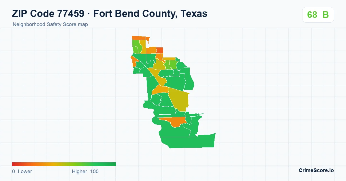 ZIP Code 77459 in Fort Bend County, Texas neighborhood Safety Score map