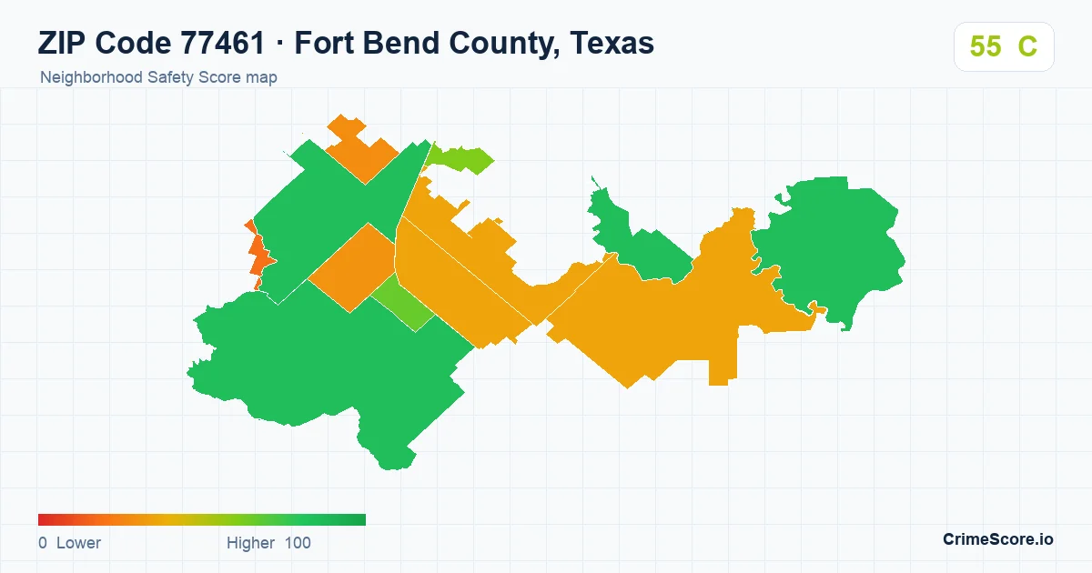 ZIP Code 77461 in Fort Bend County, Texas neighborhood Safety Score map