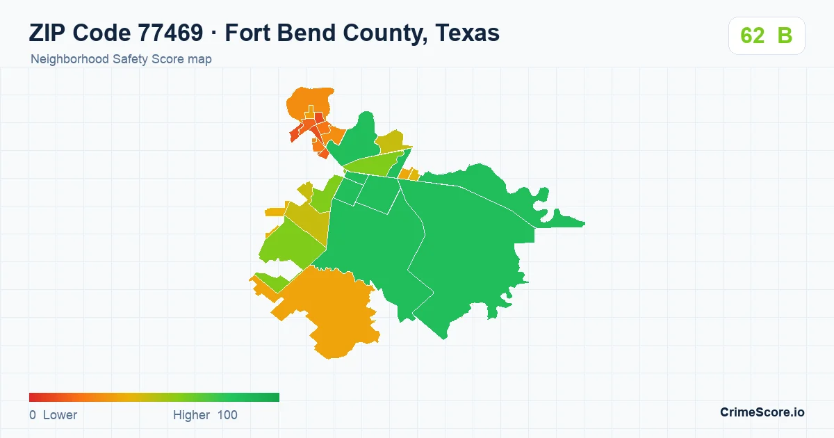 ZIP Code 77469 in Fort Bend County, Texas neighborhood Safety Score map