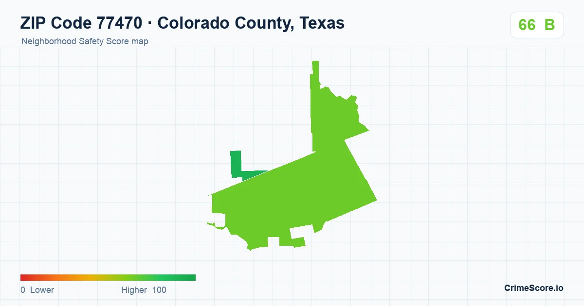 ZIP Code 77470 in Colorado County, Texas neighborhood Safety Score map