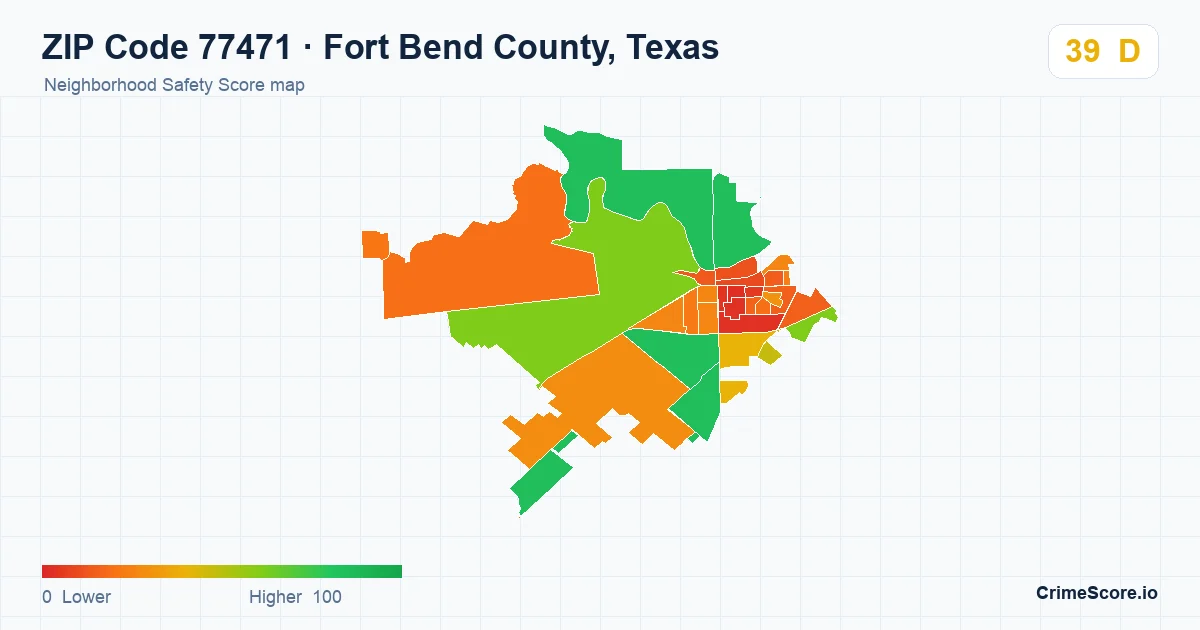 ZIP Code 77471 in Fort Bend County, Texas neighborhood Safety Score map