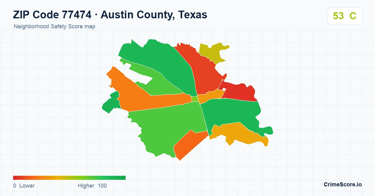 ZIP Code 77474 in Austin County, Texas neighborhood Safety Score map