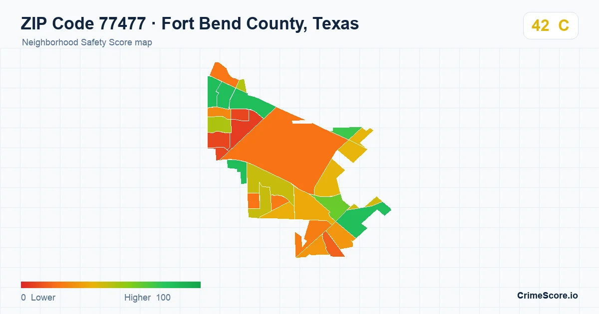 ZIP Code 77477 in Fort Bend County, Texas neighborhood Safety Score map