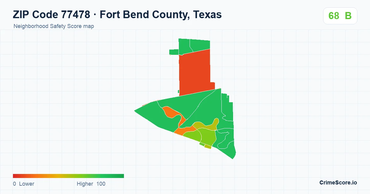 ZIP Code 77478 in Fort Bend County, Texas neighborhood Safety Score map