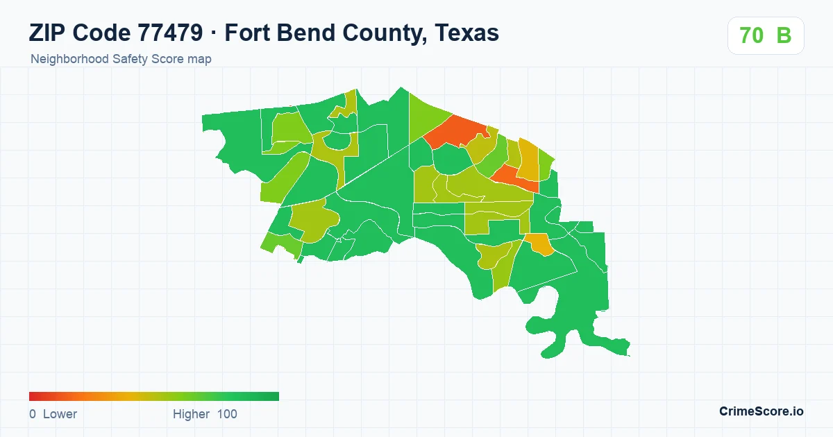 ZIP Code 77479 in Fort Bend County, Texas neighborhood Safety Score map