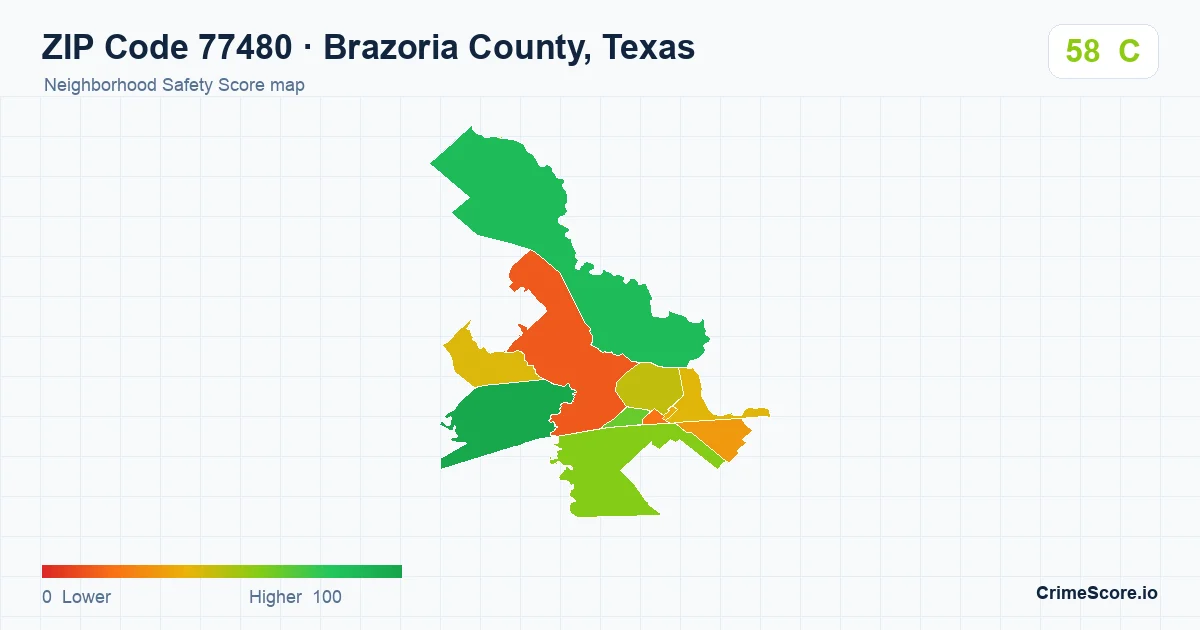 ZIP Code 77480 in Brazoria County, Texas neighborhood Safety Score map