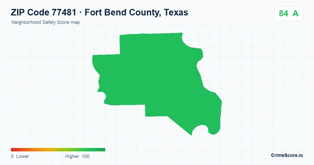 ZIP Code 77481 in Fort Bend County, Texas neighborhood Safety Score map