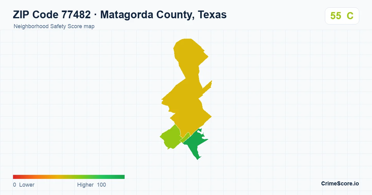 ZIP Code 77482 in Matagorda County, Texas neighborhood Safety Score map