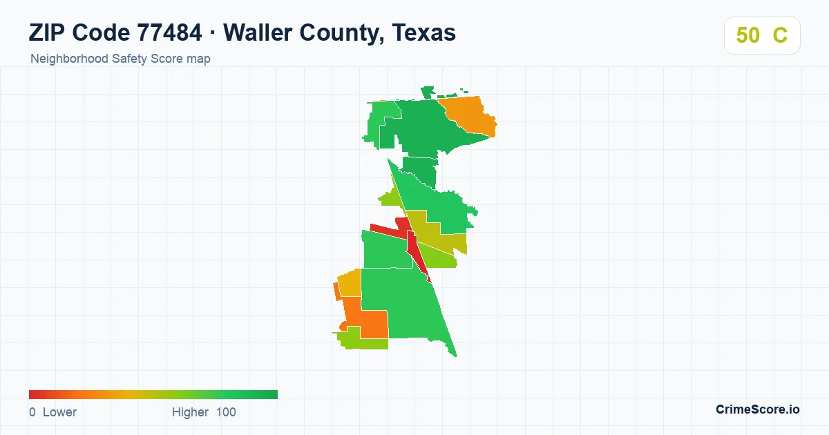 ZIP Code 77484 in Waller County, Texas neighborhood Safety Score map