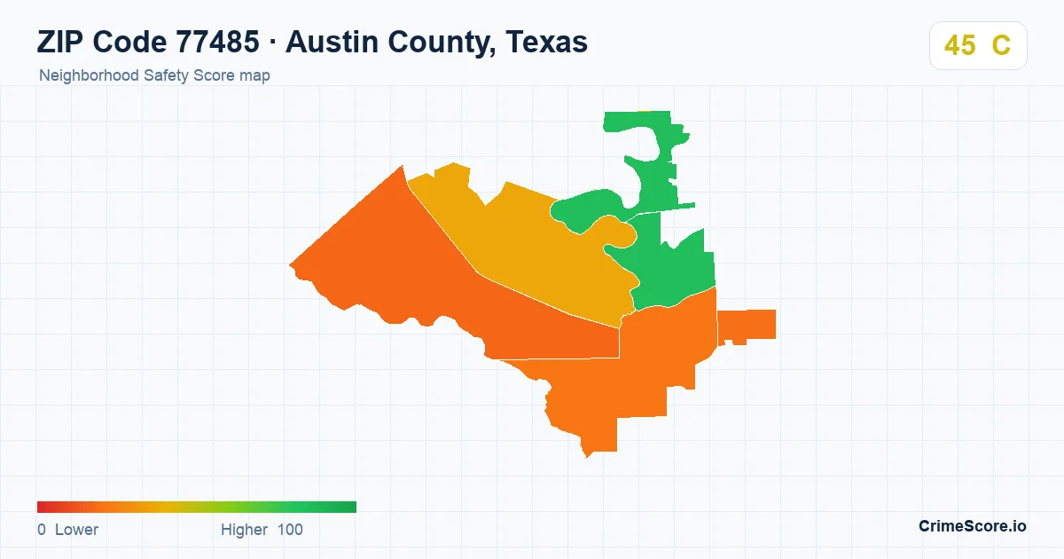 ZIP Code 77485 in Austin County, Texas neighborhood Safety Score map