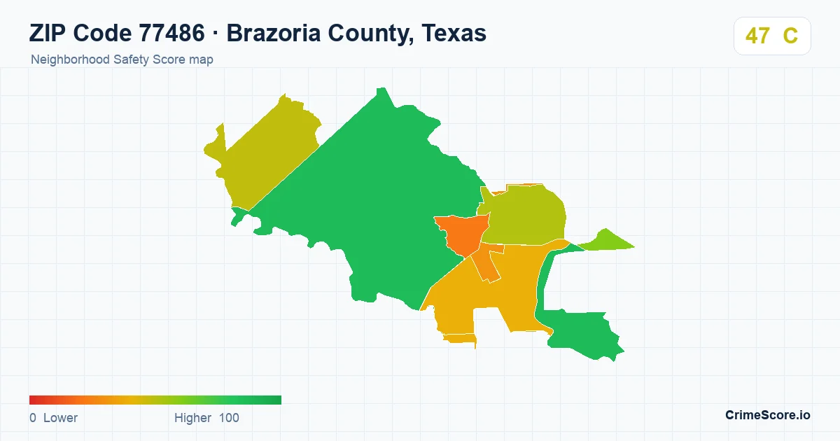 ZIP Code 77486 in Brazoria County, Texas neighborhood Safety Score map