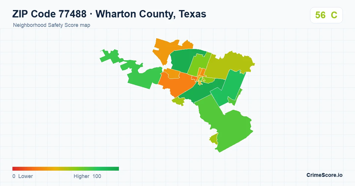ZIP Code 77488 in Wharton County, Texas neighborhood Safety Score map