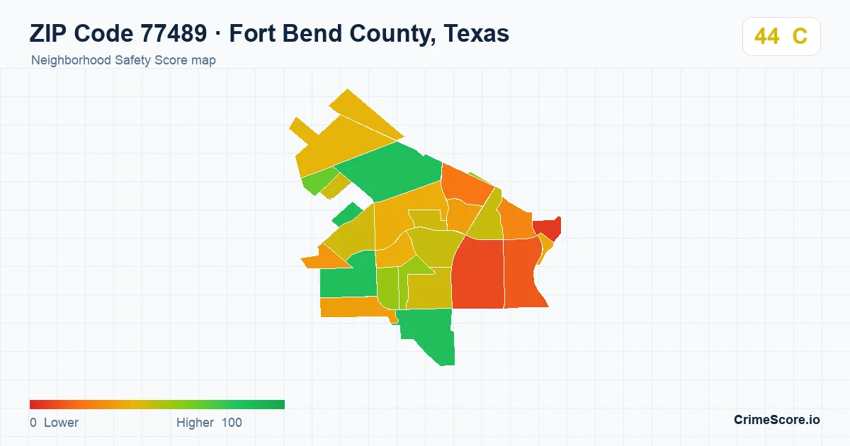 ZIP Code 77489 in Fort Bend County, Texas neighborhood Safety Score map