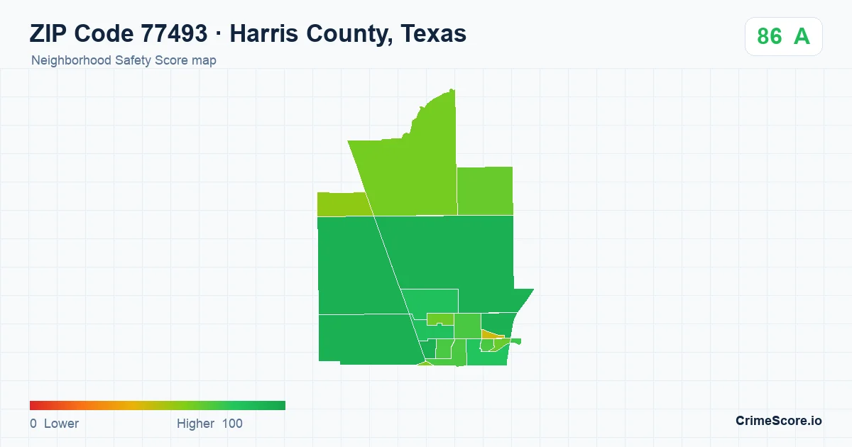 ZIP Code 77493 in Harris County, Texas neighborhood Safety Score map