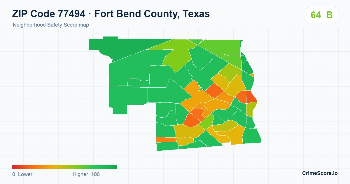 ZIP Code 77494 in Fort Bend County, Texas neighborhood Safety Score map