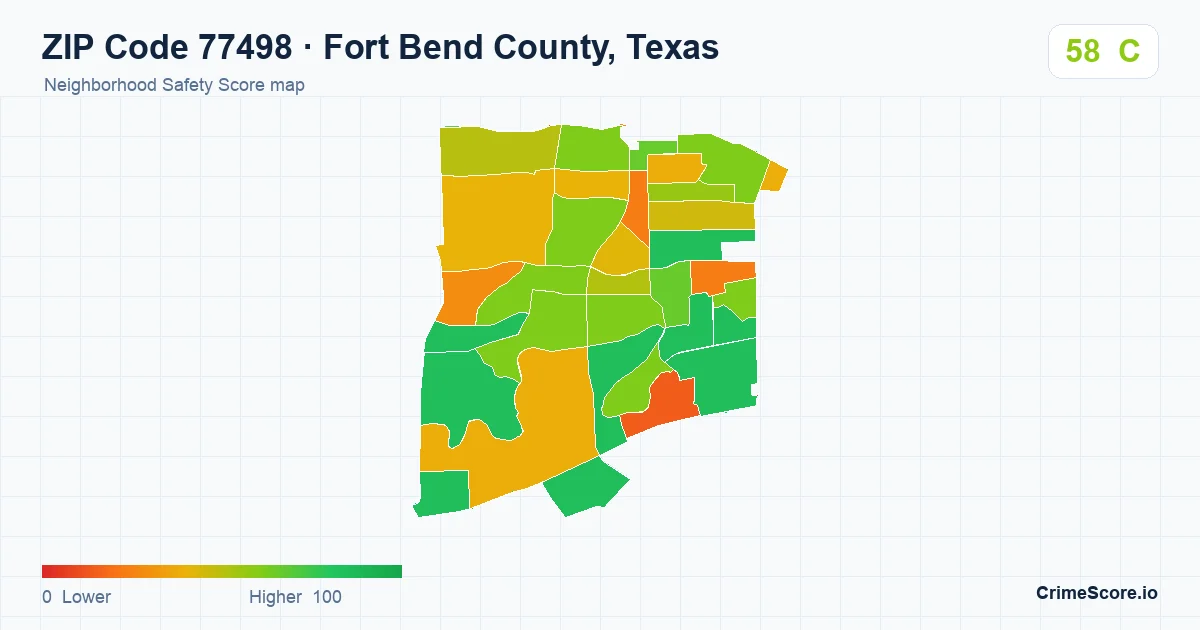 ZIP Code 77498 in Fort Bend County, Texas neighborhood Safety Score map