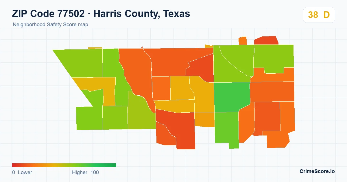 ZIP Code 77502 in Harris County, Texas neighborhood Safety Score map