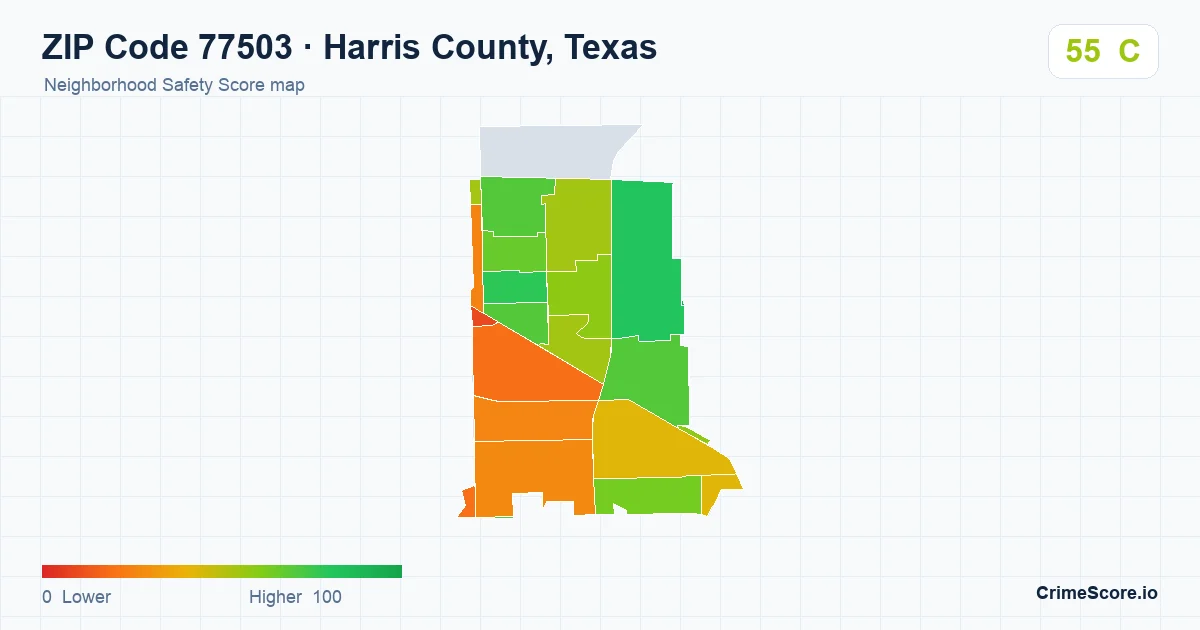 ZIP Code 77503 in Harris County, Texas neighborhood Safety Score map