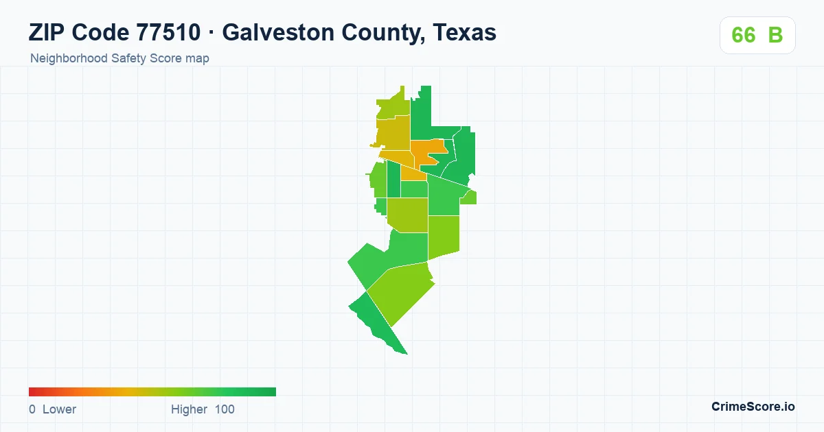 ZIP Code 77510 in Galveston County, Texas neighborhood Safety Score map