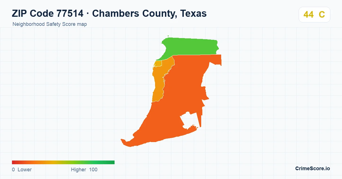 ZIP Code 77514 in Chambers County, Texas neighborhood Safety Score map