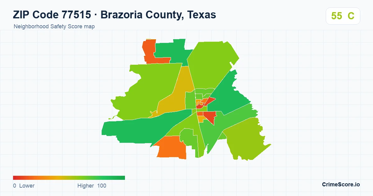 ZIP Code 77515 in Brazoria County, Texas neighborhood Safety Score map