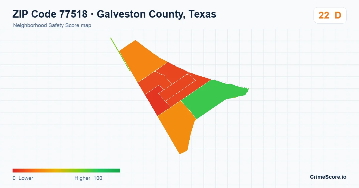 ZIP Code 77518 in Galveston County, Texas neighborhood Safety Score map