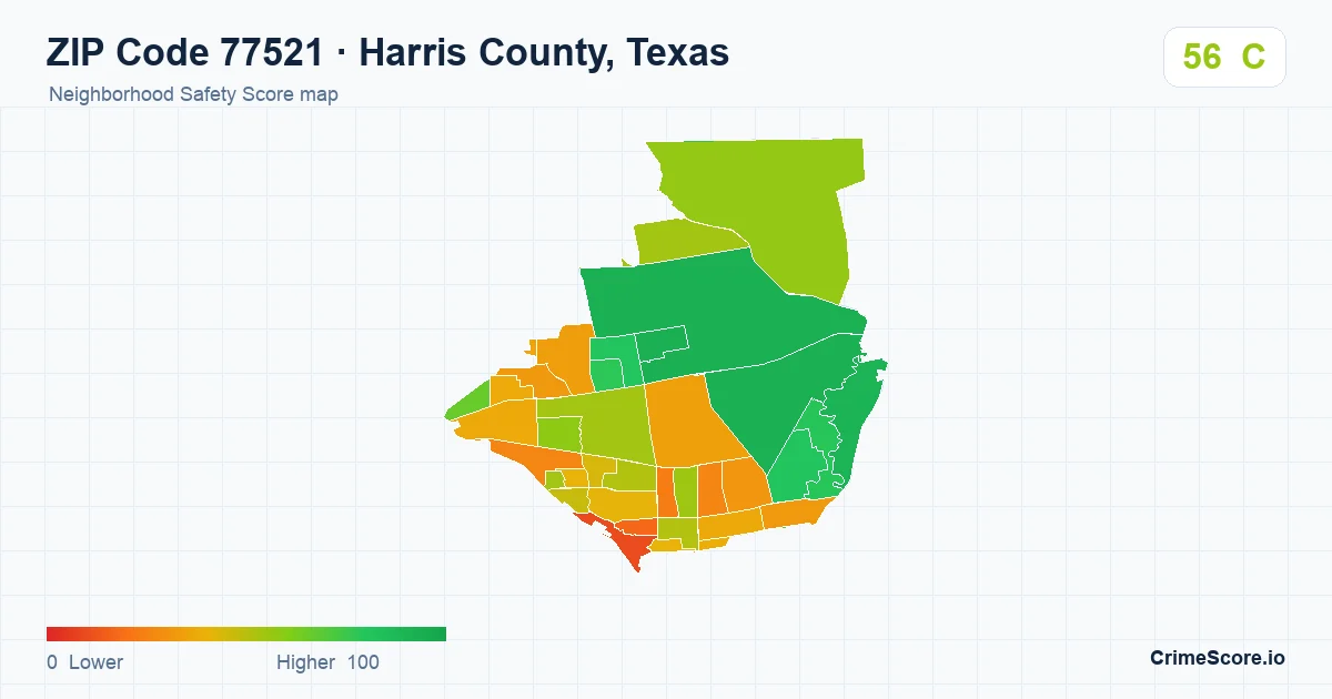 ZIP Code 77521 in Harris County, Texas neighborhood Safety Score map