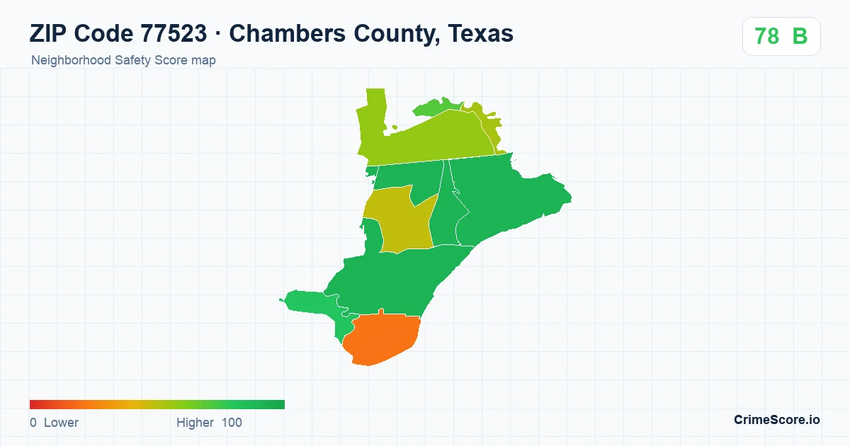 ZIP Code 77523 in Chambers County, Texas neighborhood Safety Score map