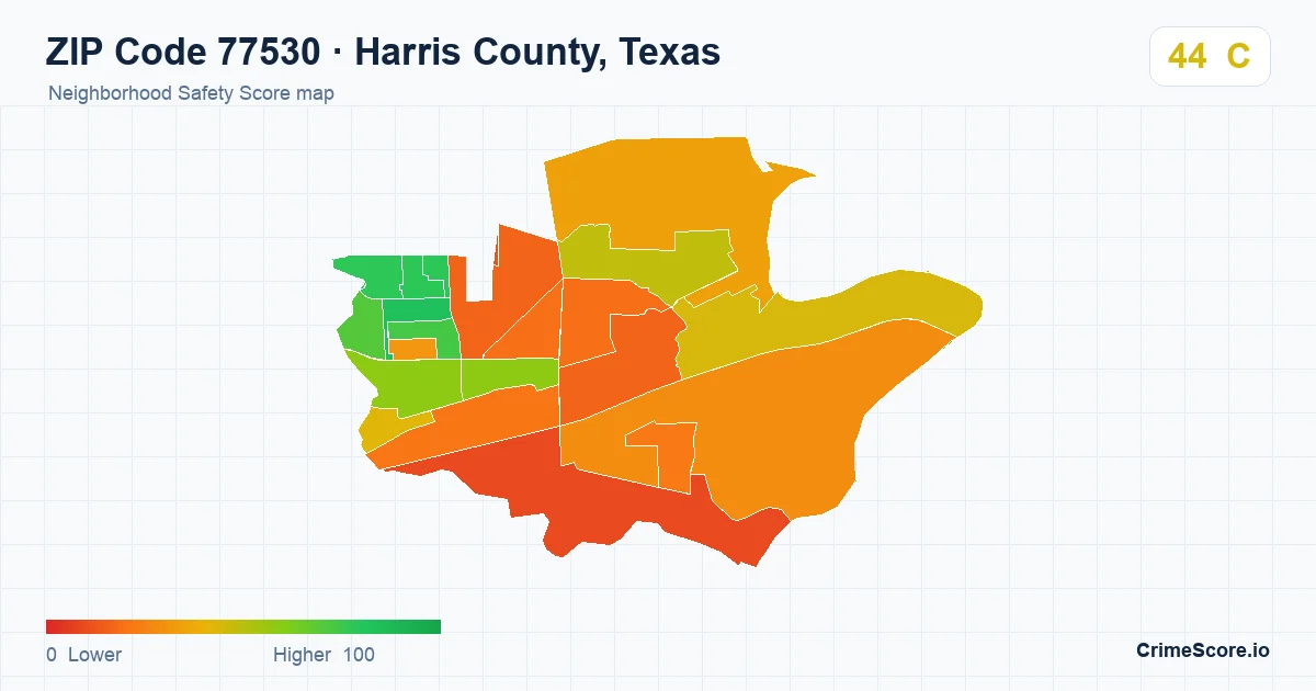 ZIP Code 77530 in Harris County, Texas neighborhood Safety Score map