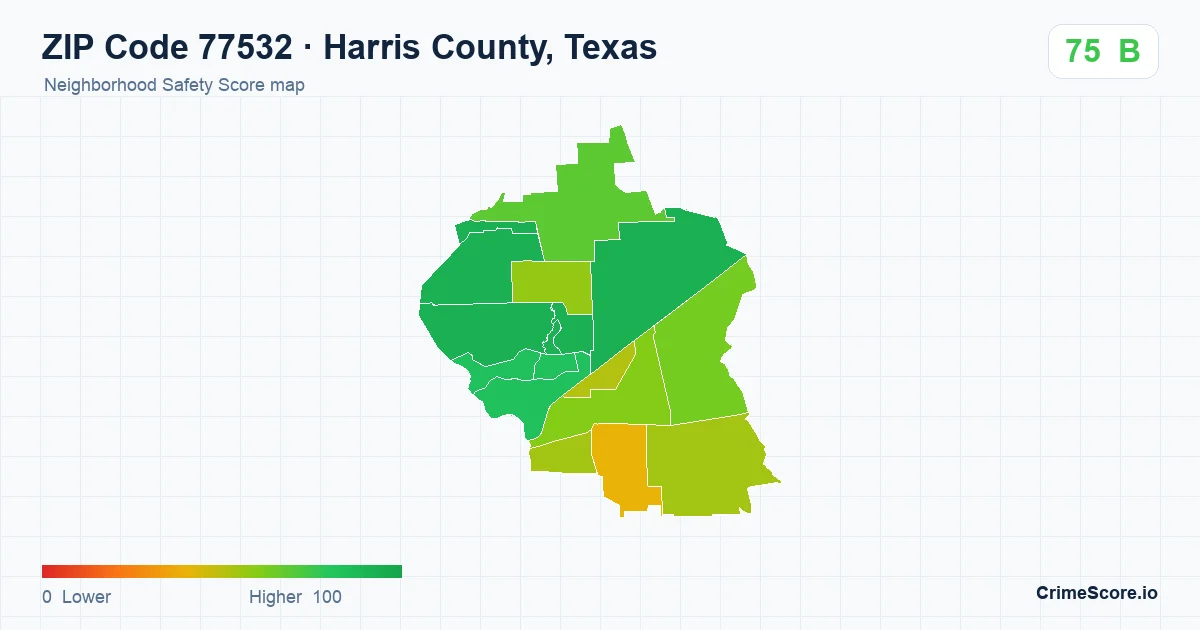 ZIP Code 77532 in Harris County, Texas neighborhood Safety Score map