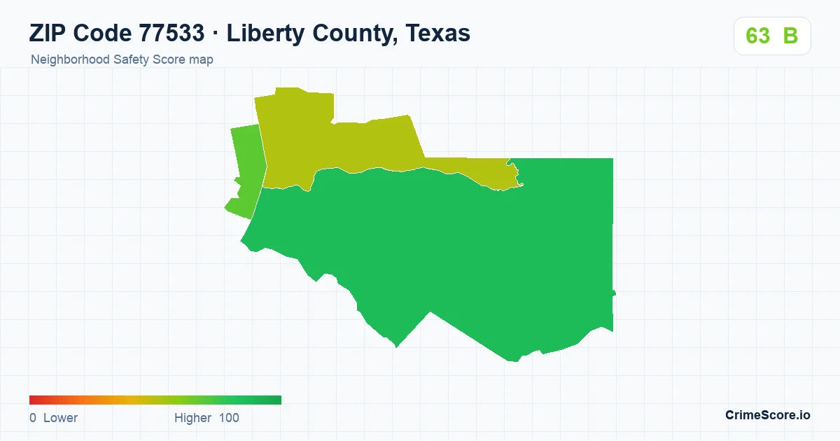 ZIP Code 77533 in Liberty County, Texas neighborhood Safety Score map